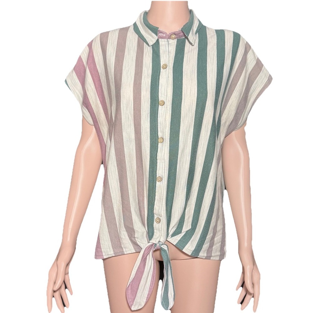 Modern Attraction Striped Tie Front Blouse Short Sleeve Cotton Linen Boho Large
